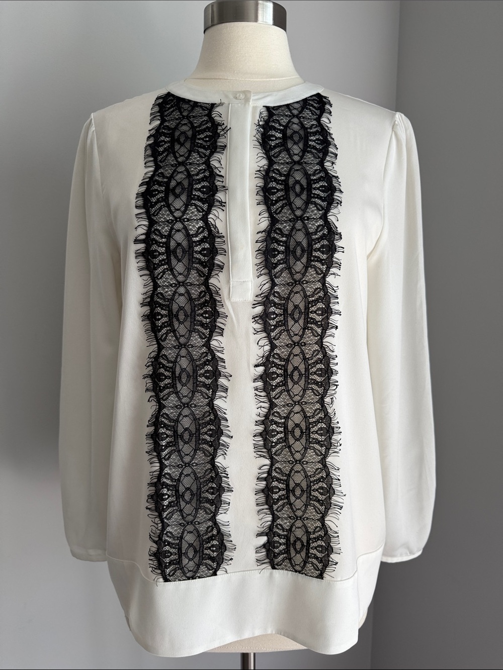 J. Crew Blouse Front Black Lace Inserts Ivory Semi Sheer Medium